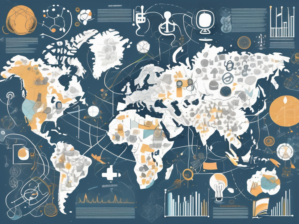 A globe surrounded by various iconic educational symbols like graduation cap