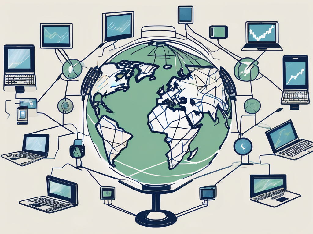 A global map with various iconic educational tools such as books