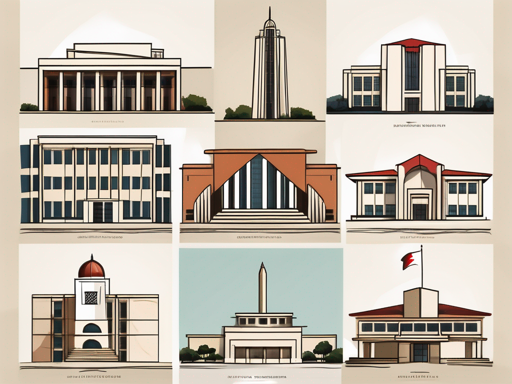 Five different school buildings representing various architectural styles from around the world
