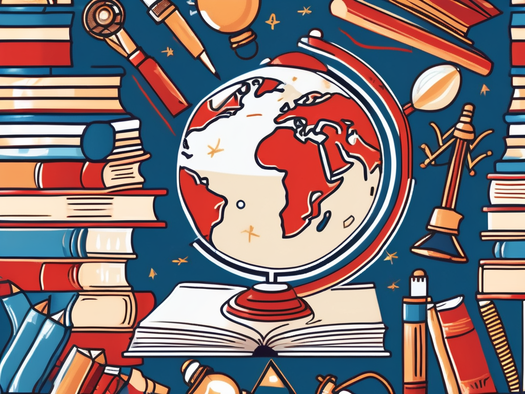 A globe surrounded by various educational tools like books