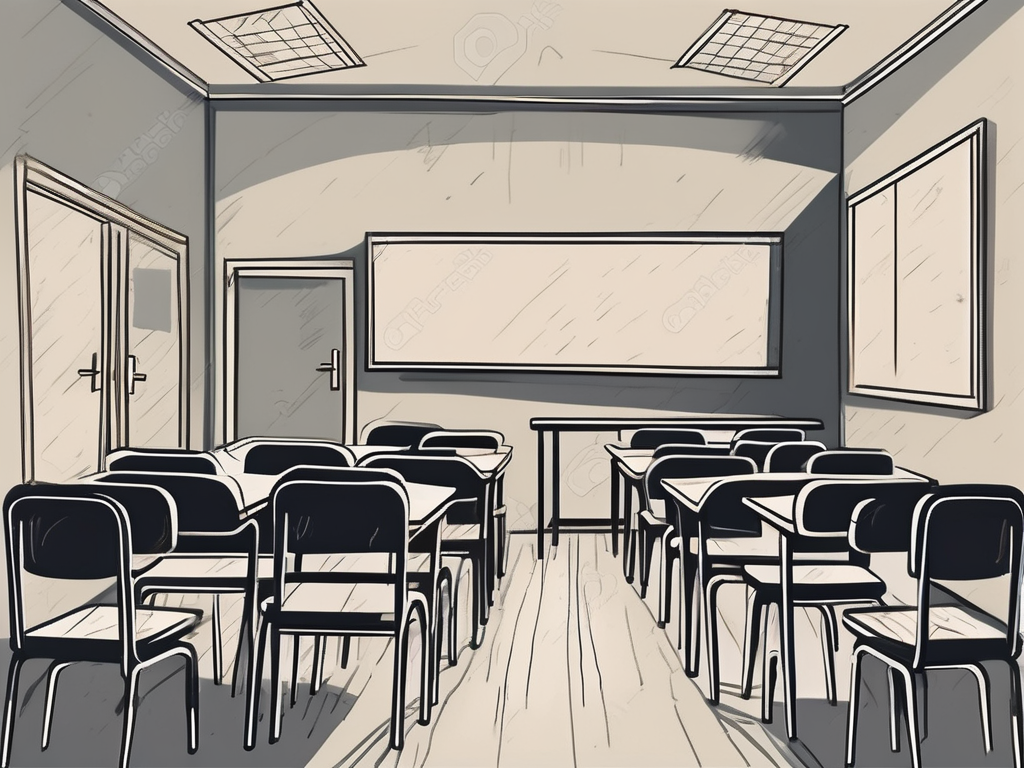 A deserted classroom with empty desks and chairs