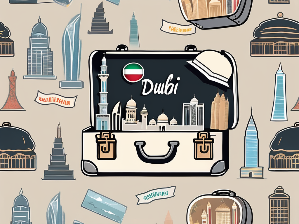 A suitcase adorned with stickers of famous dubai landmarks