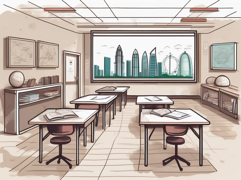 A classroom setting with various symbols representing challenges such as a cultural barrier (represented by a mix of different country flags)