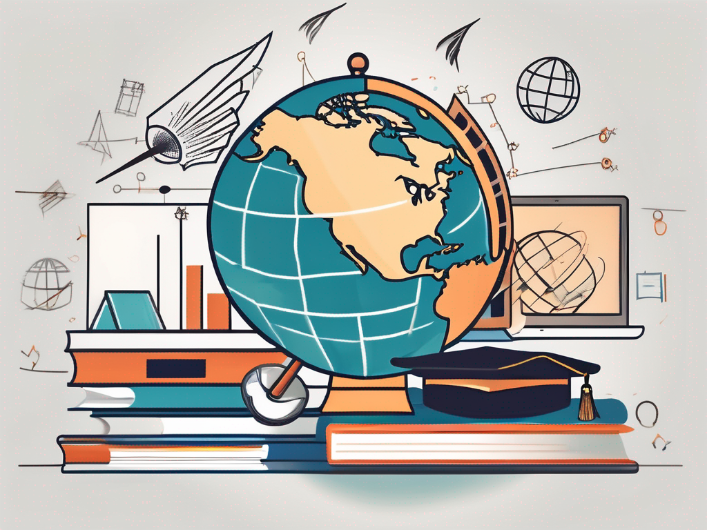A globe surrounded by various symbols of international education like books