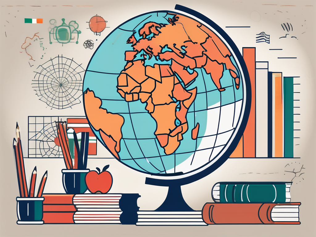A globe with iconic hong kong landmarks like the skyline and a graduation cap