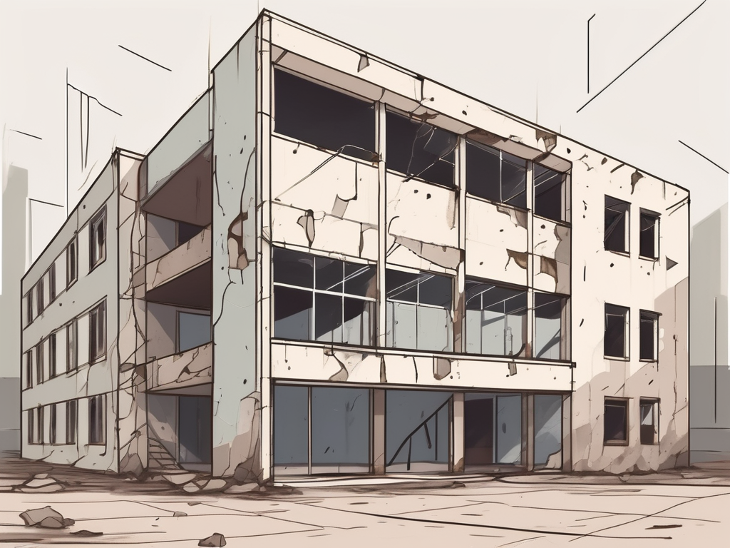 An empty school building with a crumbling facade and a neglected playground