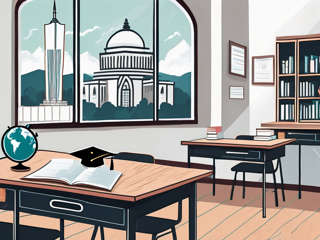 A classroom setting with a view of iconic malaysian landmarks through the window