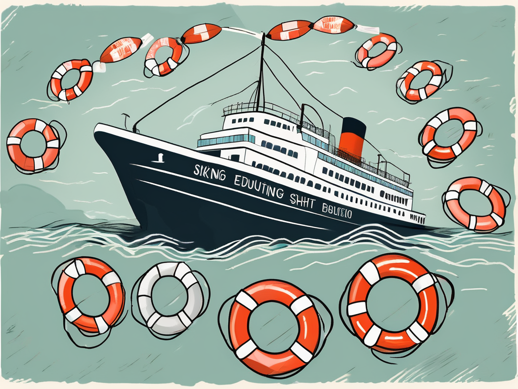 A sinking ship labeled "education" with numerous lifebuoys floating around
