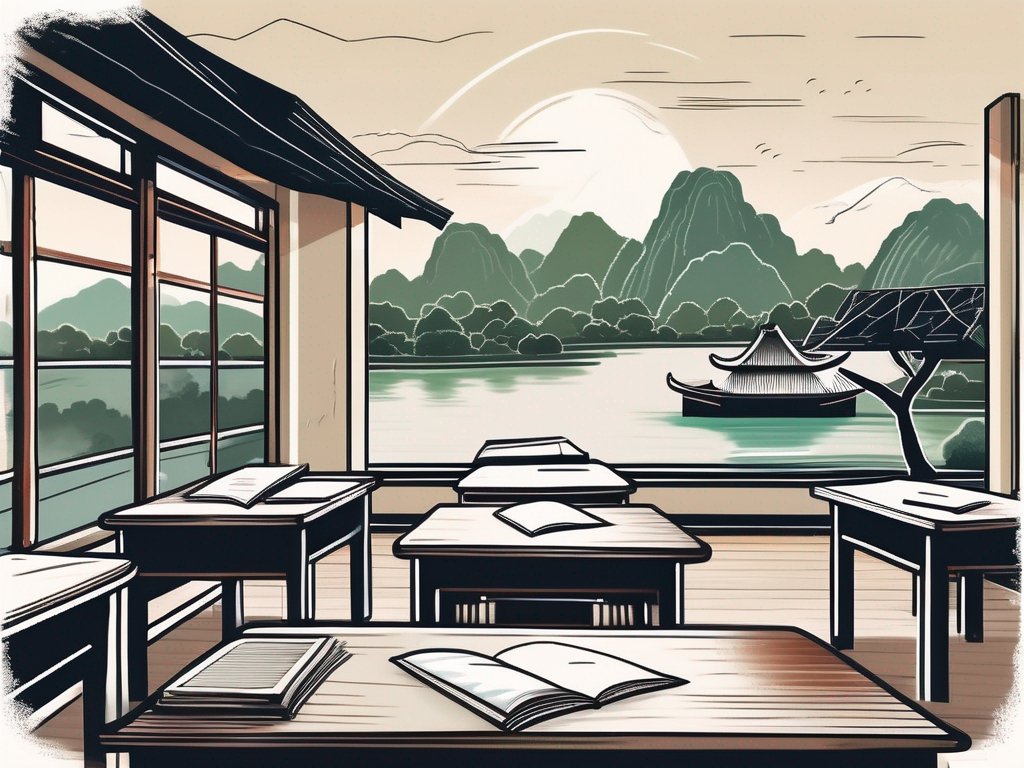 A vietnamese classroom with a chalkboard