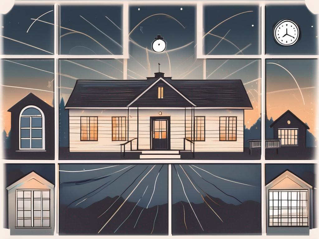 A traditional schoolhouse with a lit-up window late into the night