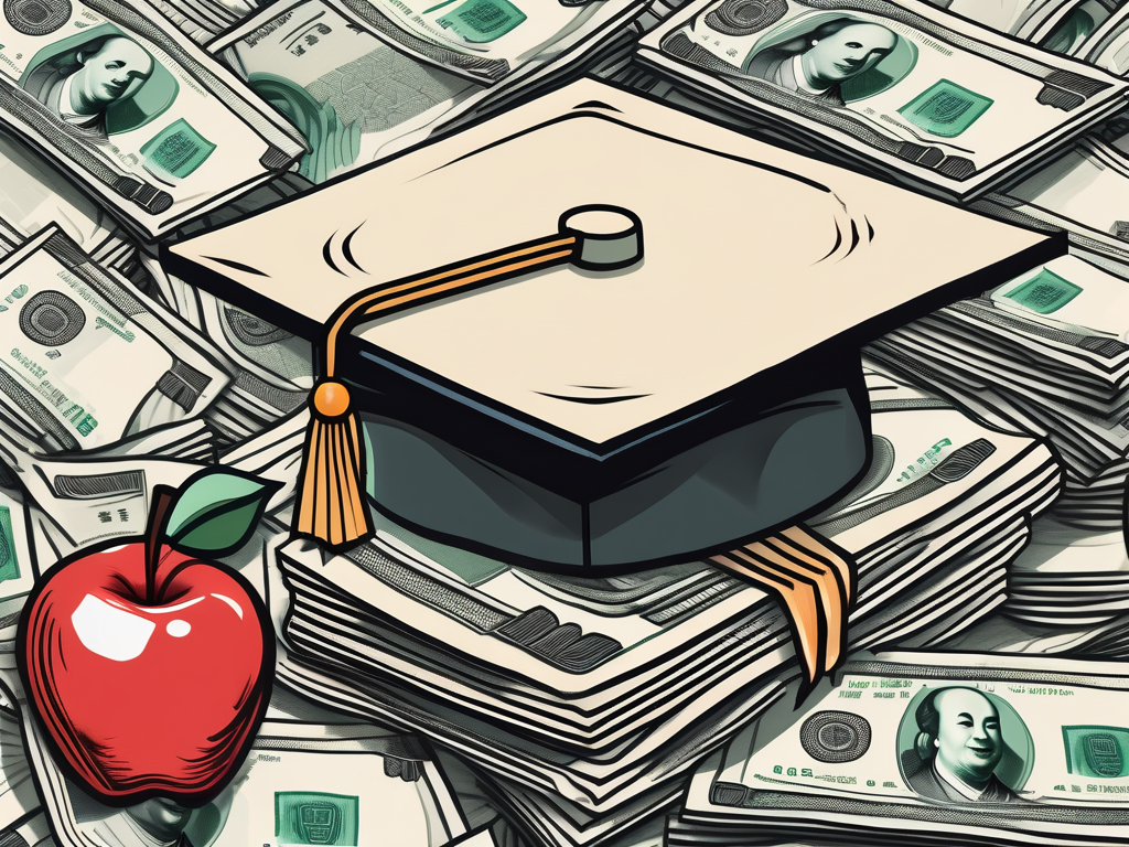 A graduation cap on top of a pile of chinese yuan notes