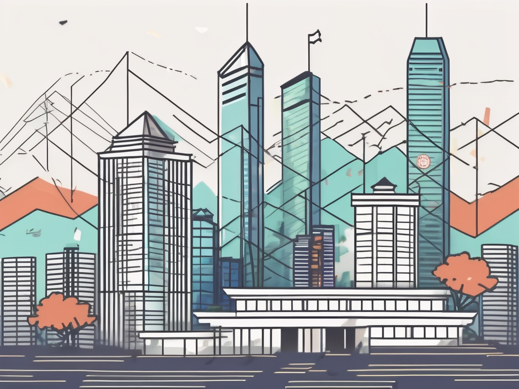 A school building with a hong kong skyline in the background and various international currency symbols floating around