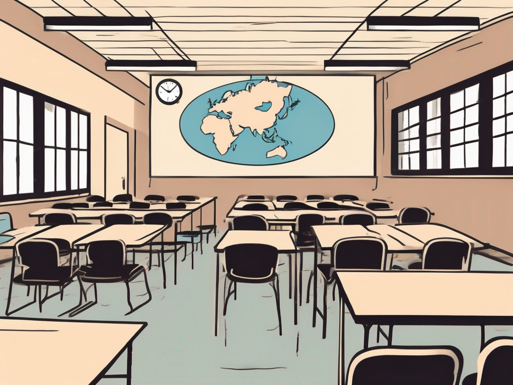 A classroom setting with empty chairs and desks