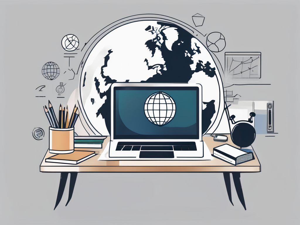 A laptop on a desk with educational icons floating above it