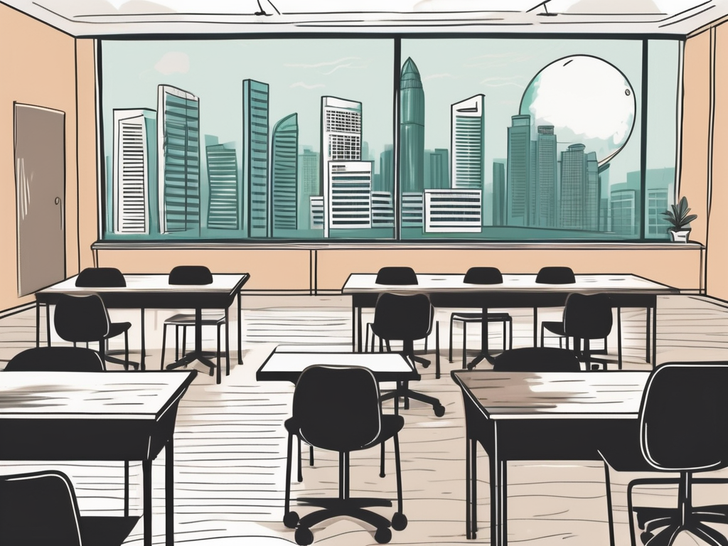 A classroom with empty desks