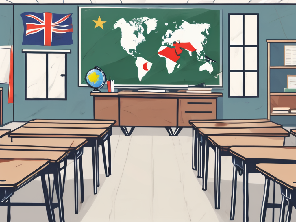 A south korean classroom with an empty teacher's desk