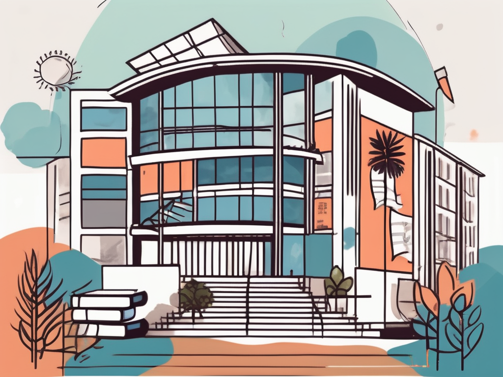 An international school building in hong kong with various symbols representing volunteering activities such as a stack of books