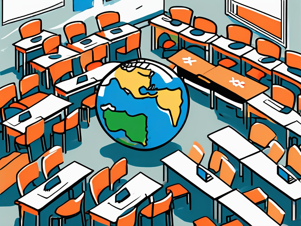 A classroom with empty desks and chairs