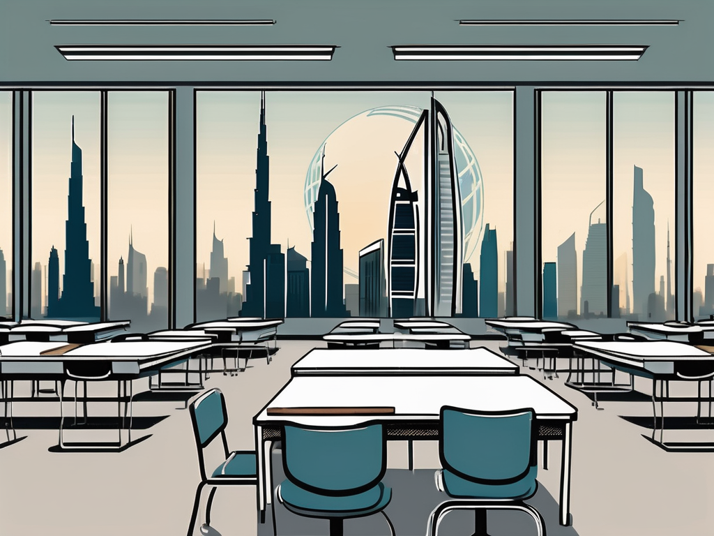 A classroom with empty desks and chairs