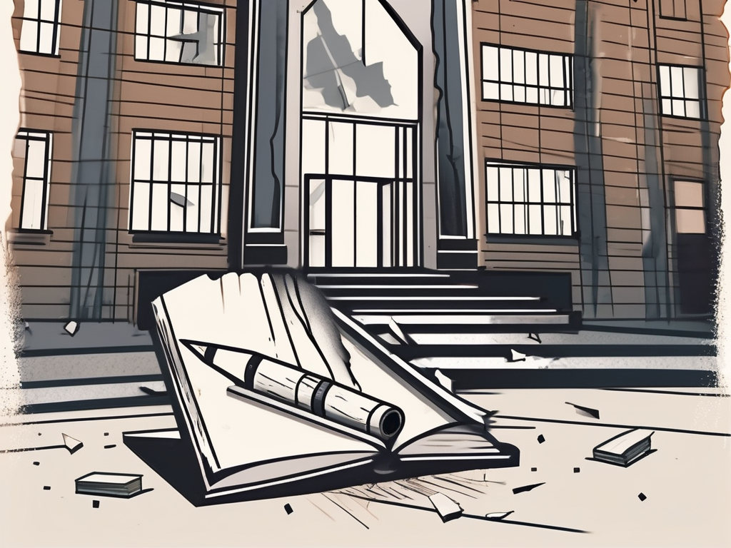 A broken pencil and a torn book in front of a school building