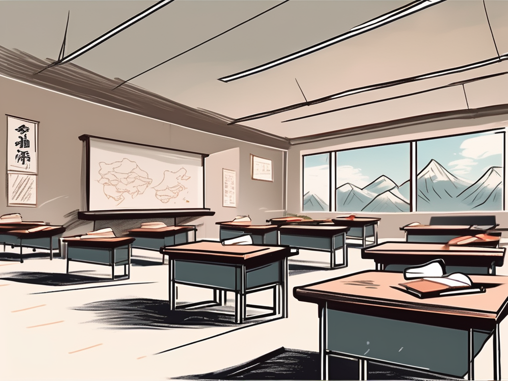 A classroom setting in china with empty desks