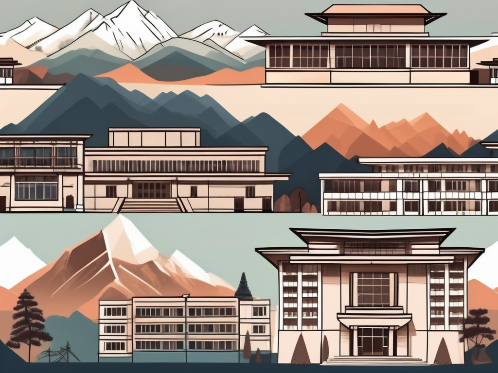 Eight distinct school buildings representing different architectural styles from around the world