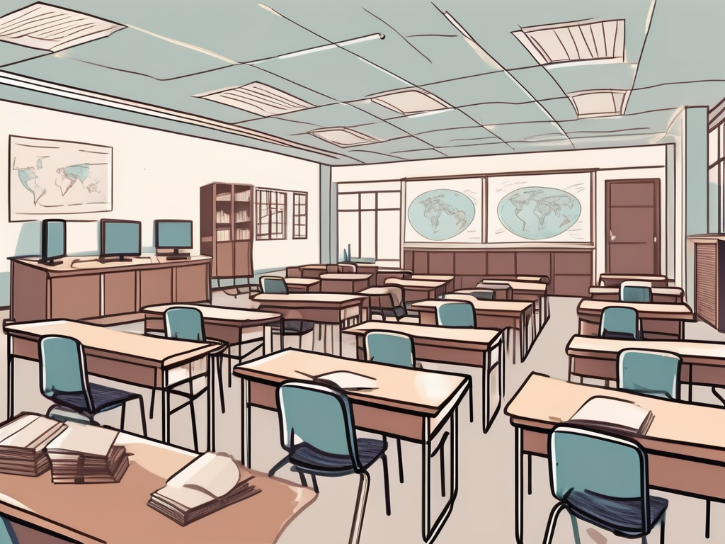 A singaporean classroom with empty desks and chairs