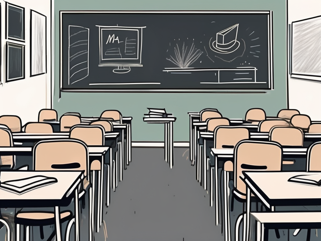A classroom setting in dubai with empty chairs and desks