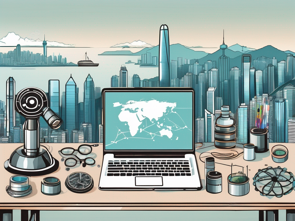 A hong kong skyline with iconic buildings