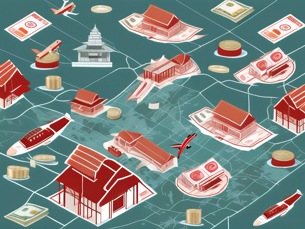 A variety of international currencies scattered on a map of vietnam