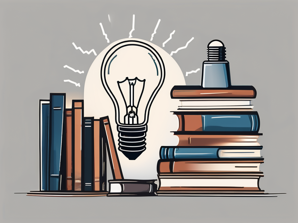 A stack of books next to a lightbulb
