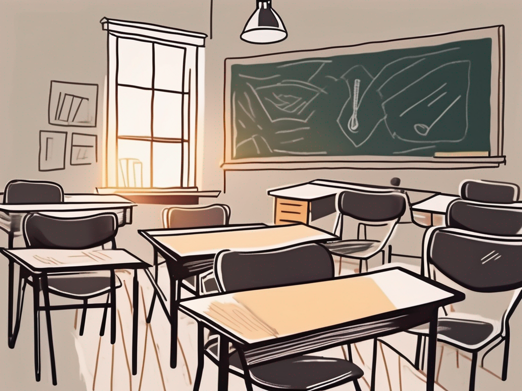 A classroom desk stacked with papers and books