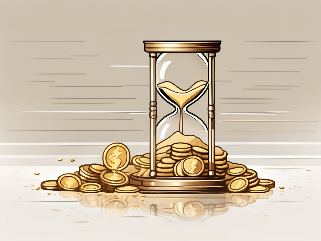 A sand hourglass next to a stack of gold coins