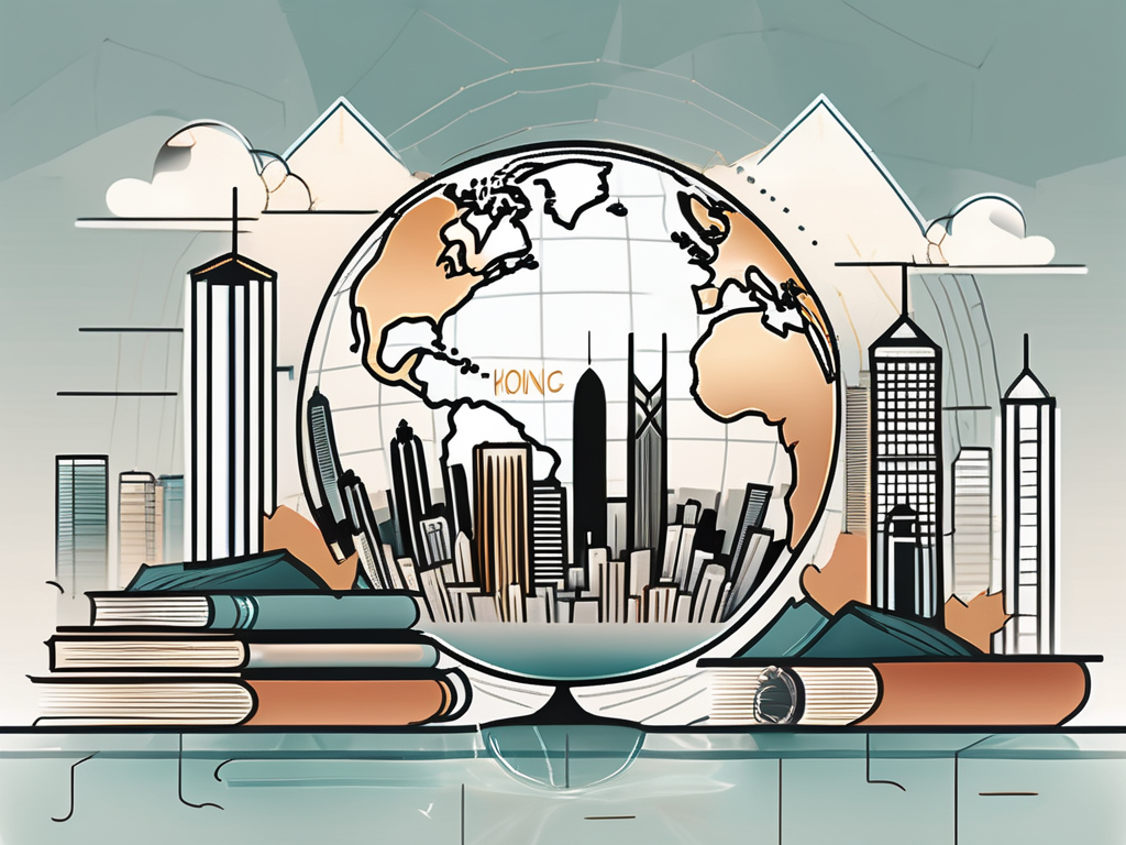 The hong kong skyline with academic symbols like a globe