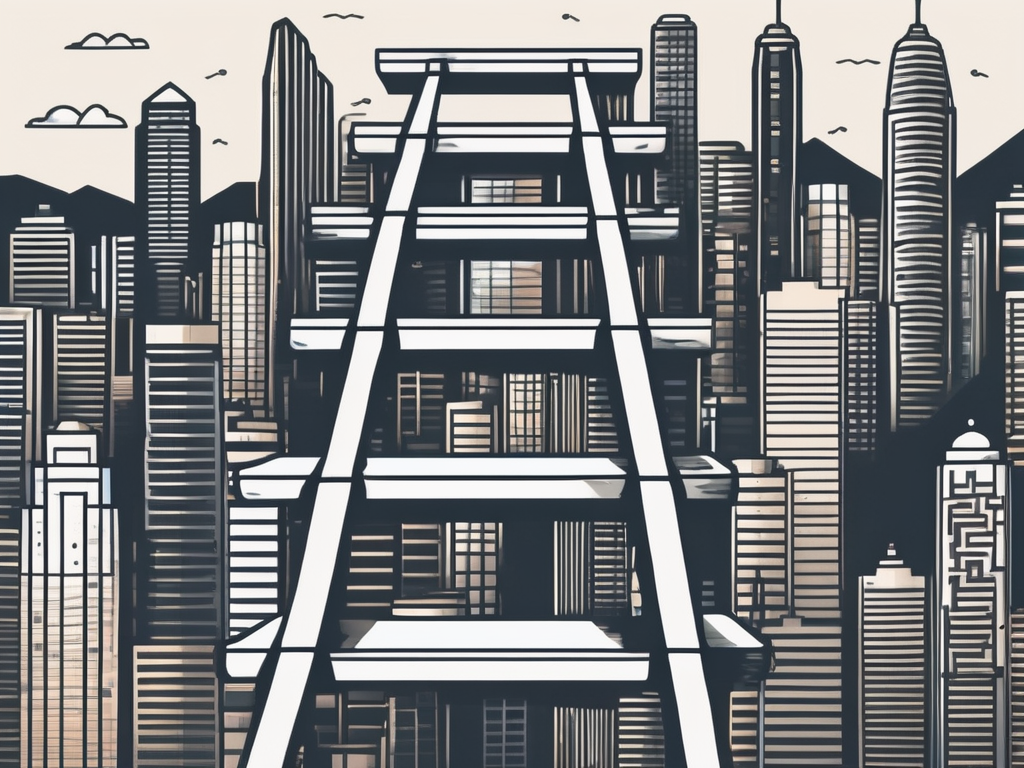 A ladder ascending against a backdrop of hong kong's skyline