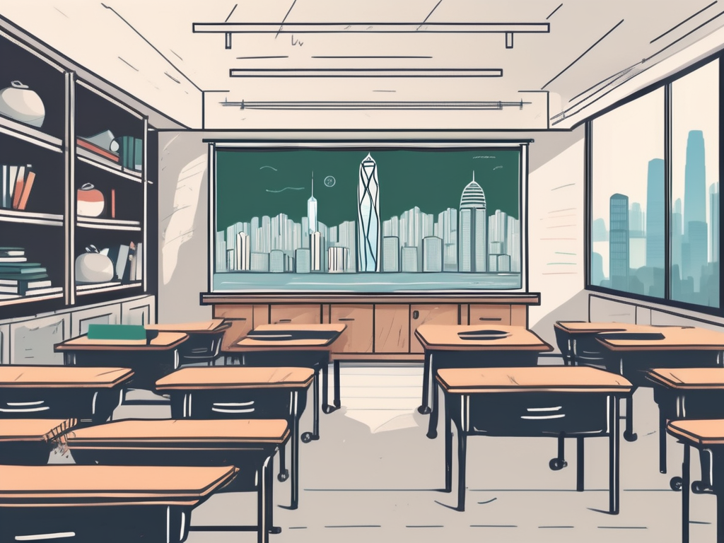 A classroom setting in hong kong with iconic cityscape in the background