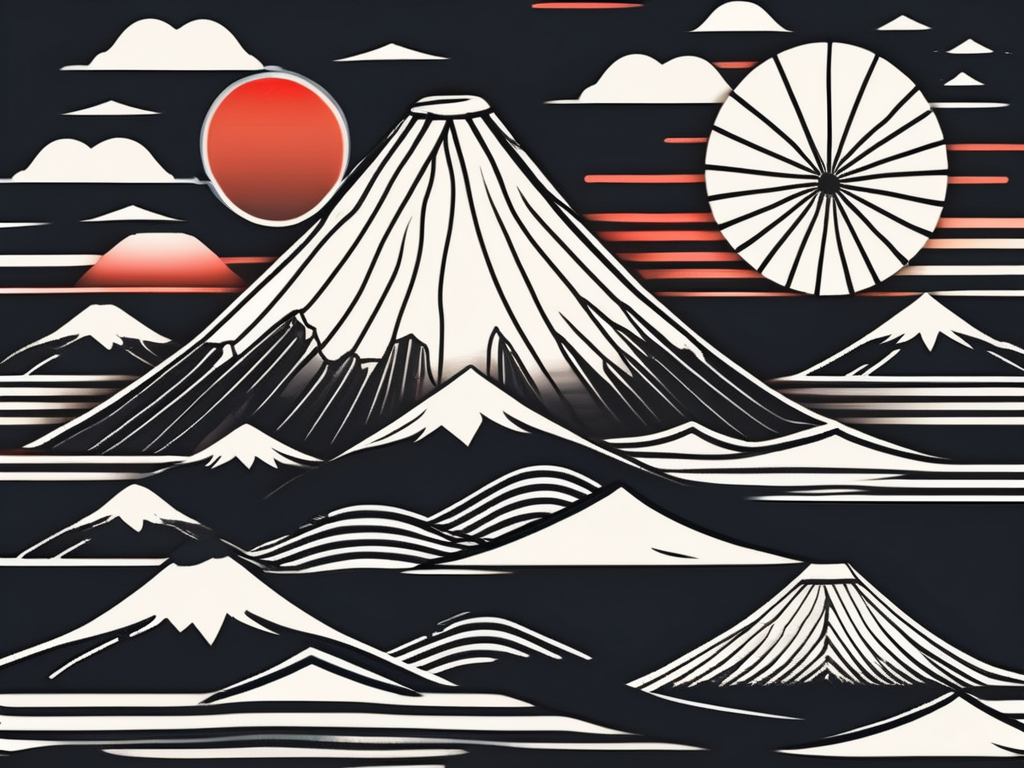 A rising sun (symbolizing japan) with various height levels of mount fuji