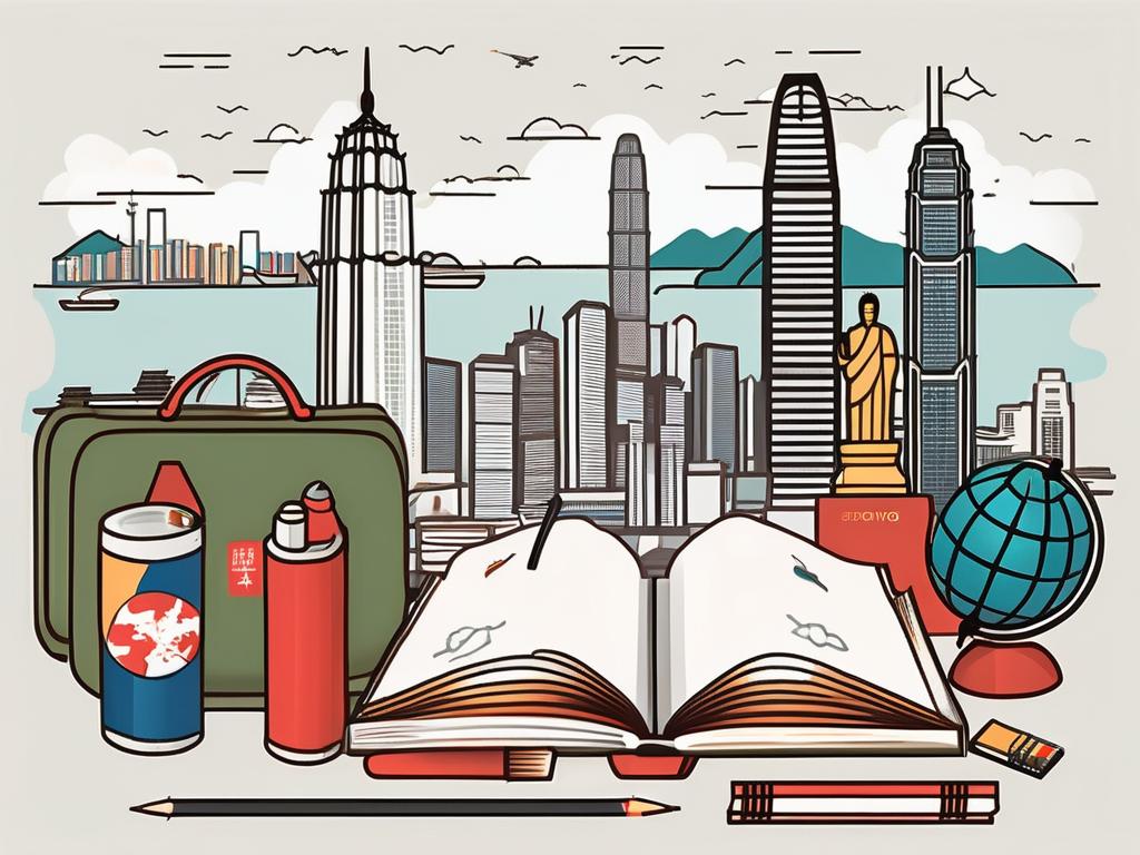 A classroom scene in hong kong with a teacher's desk filled with books and teaching materials