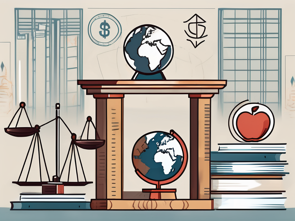 A classroom setting with international educational symbols