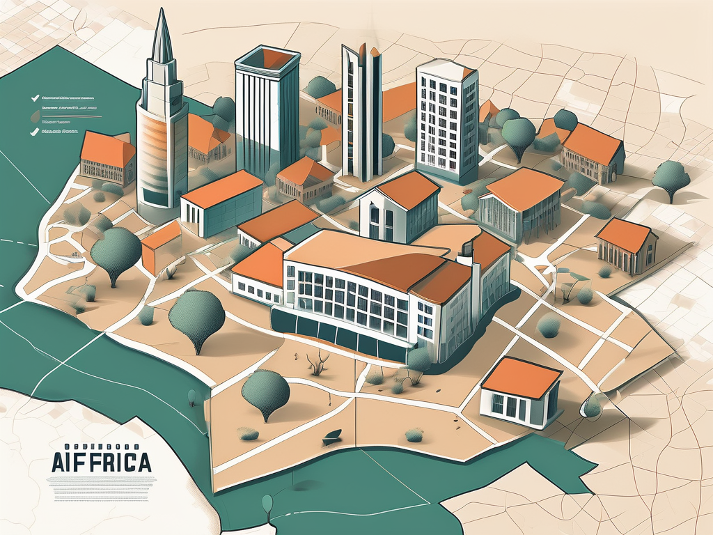 A diverse collection of school buildings scattered across a stylized map of south africa
