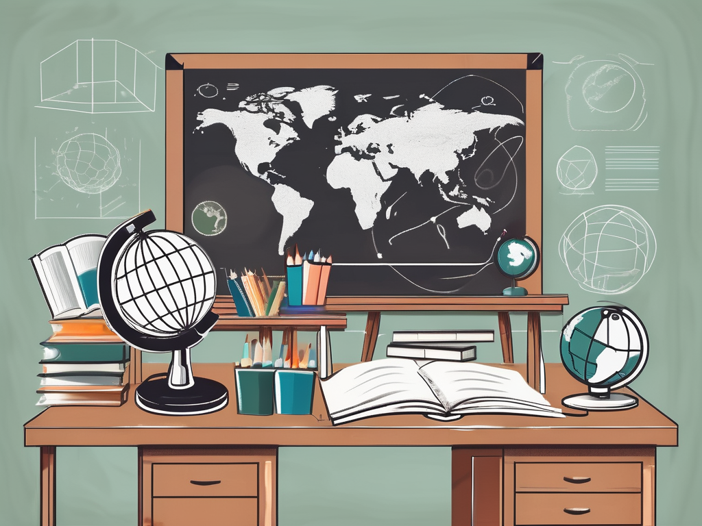 A classroom setting with various educational tools like books