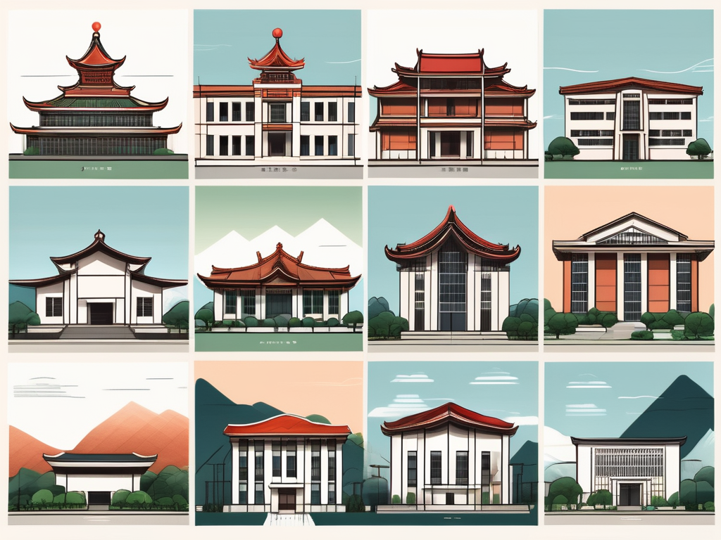 Nine different school buildings representing various architectural styles from around the world