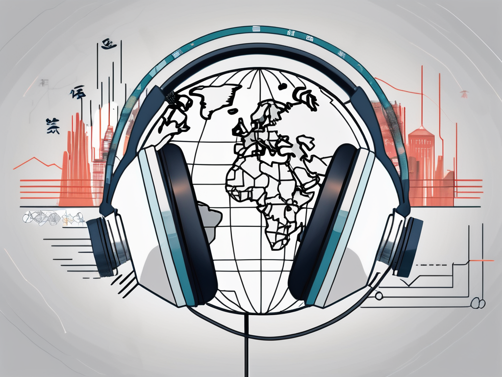 A pair of headphones connected to a globe with china highlighted