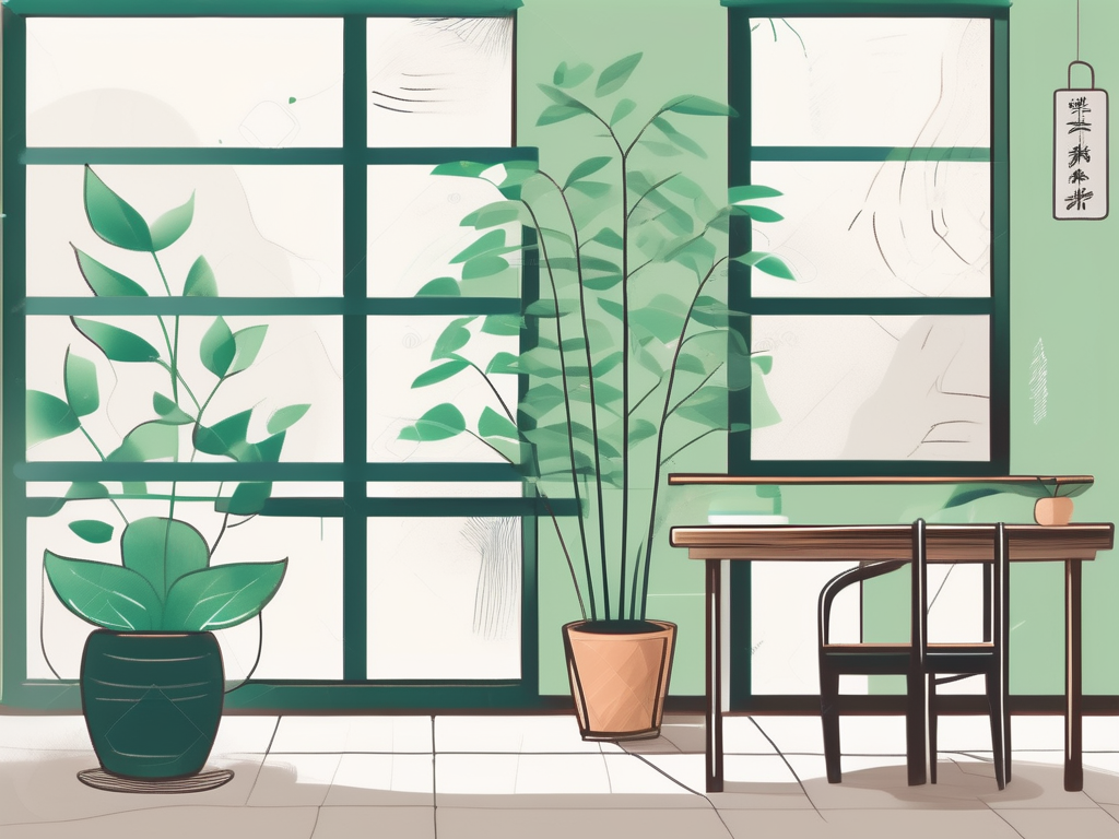 A serene chinese classroom environment with symbols of well-being such as a green plant