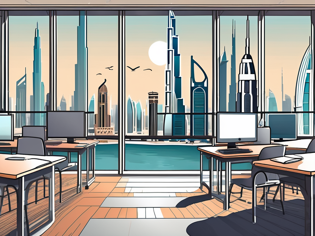 A modern classroom with a view of the iconic dubai skyline
