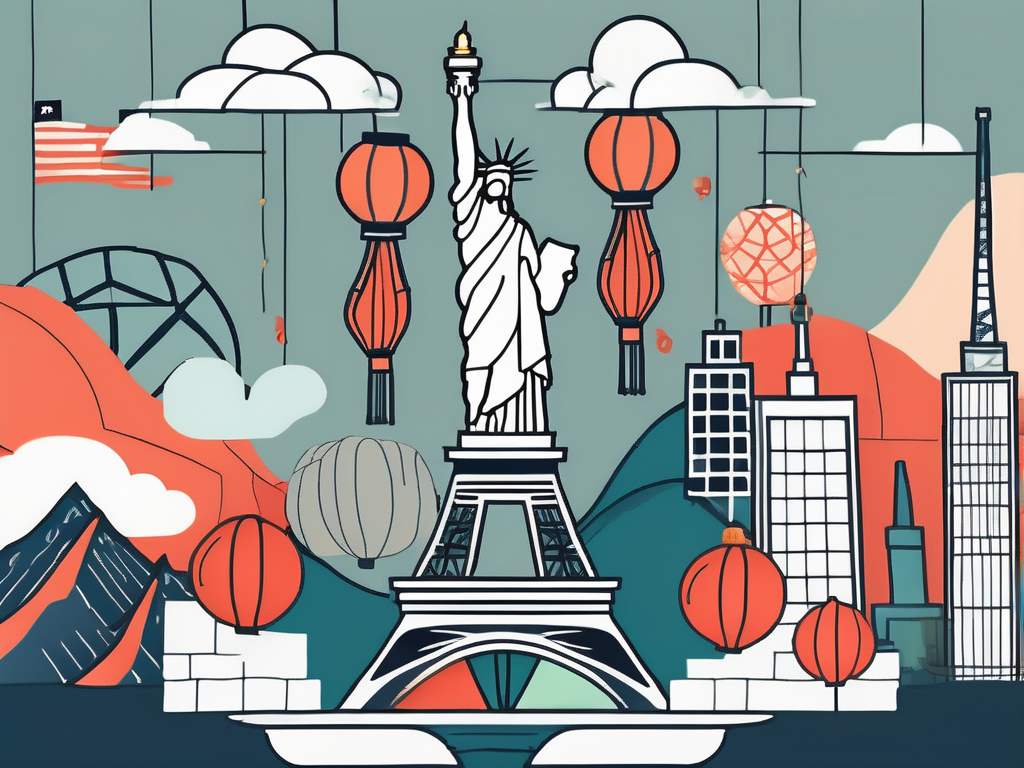 A classroom setting with various international symbols like the eiffel tower