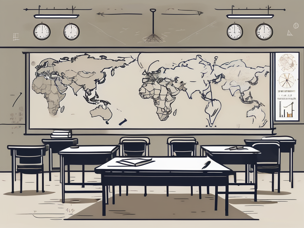 A classroom setting with various international symbols