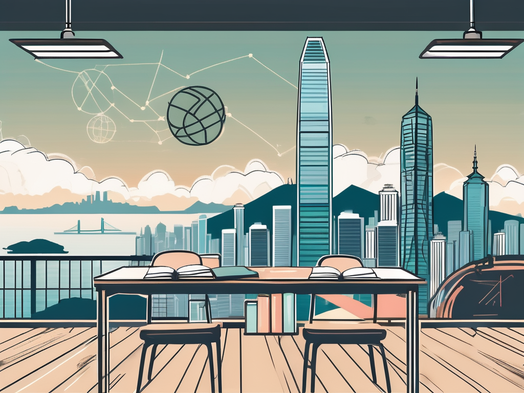 A classroom setting with a view of hong kong's skyline