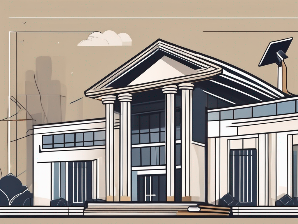 A thai school building with a symbolic representation of government policies such as a scale of justice or gavel