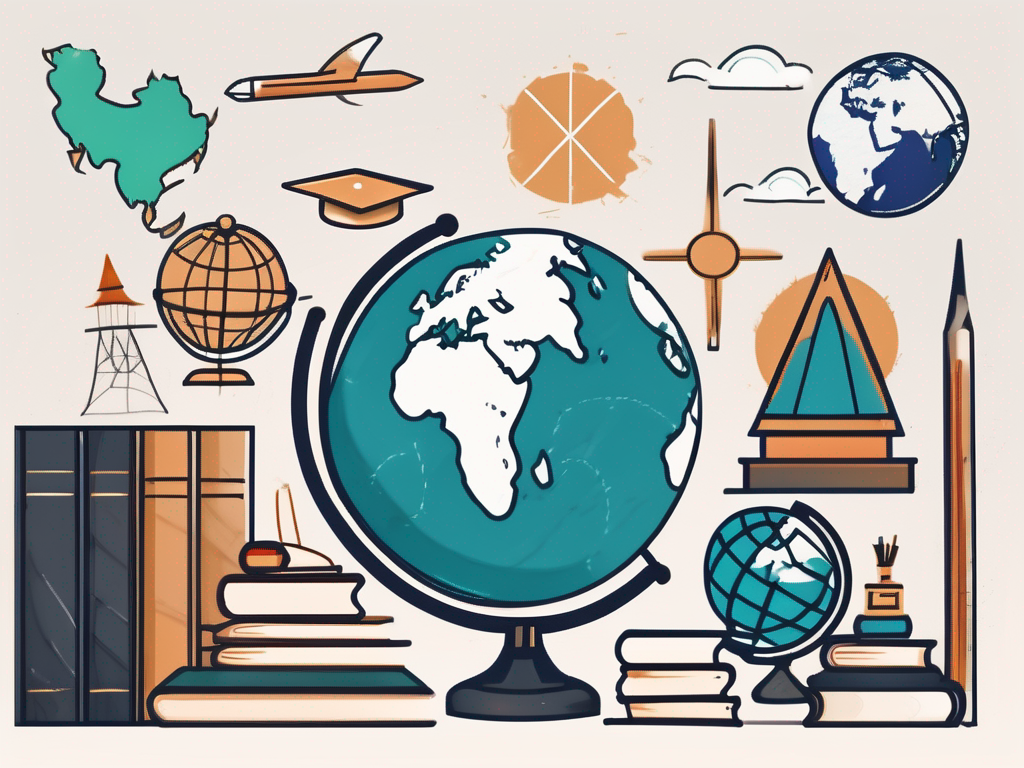 A classroom setting with diverse international symbols